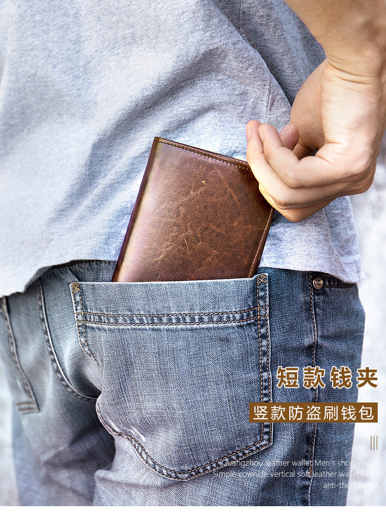 Men's Short Wallet Genuine Cowhide Leather RFID Anti-Theft Card Bag Retro Men's Wallet