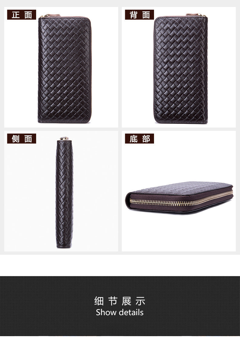 Men's long wallet made of cowhide genuine leather fashion plaid card holder zipper large capacity clutch bag men's wallet