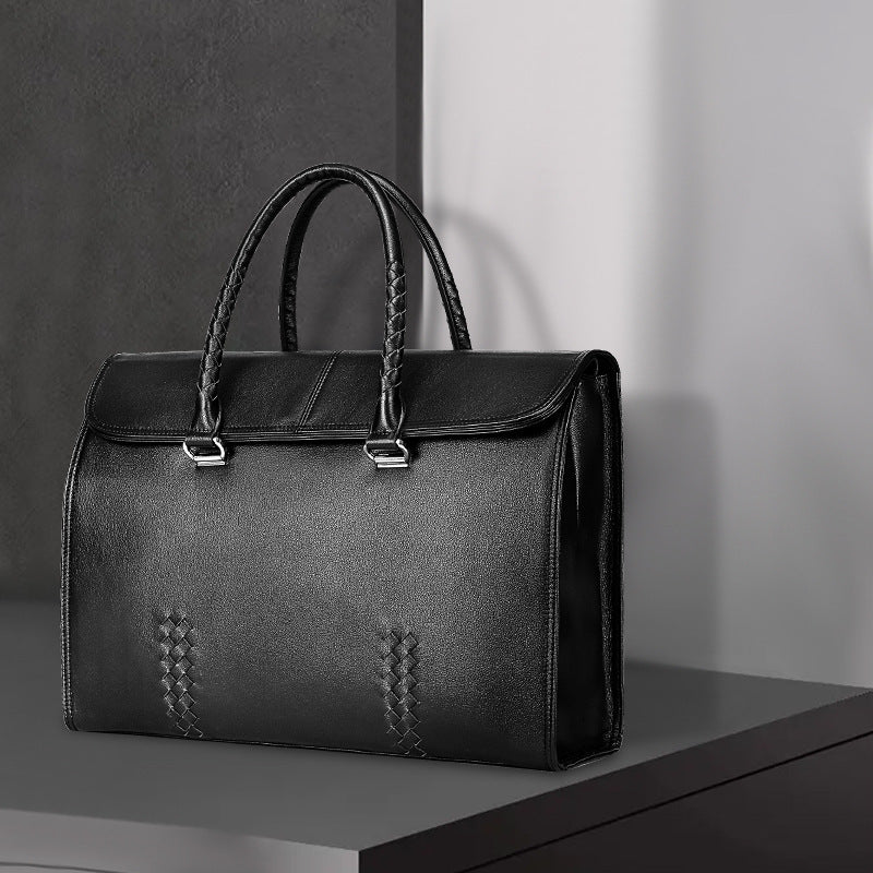 Men's Handbag Genuine Leather Cowhide Fashion Business Large Capacity Business Briefcase Computer Bag Hand-knitted Men's Handbag