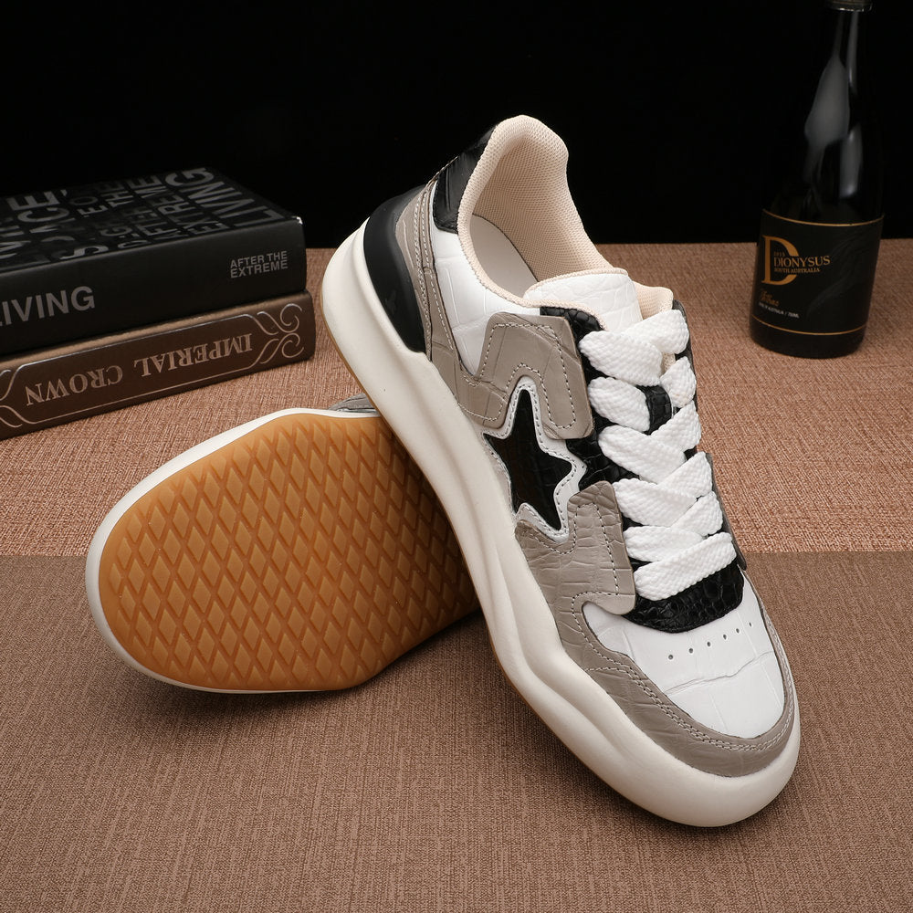 Men's Crocodile Belly Skin Casual Shoes, Genuine Leather, Fashion, Thick Sole, Anti-Slip Sneakers, Men's Sports Shoes