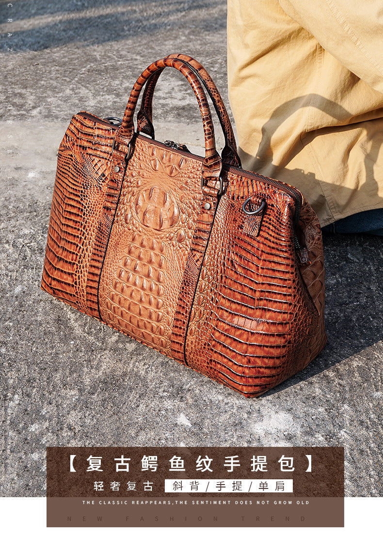 Men's Handbag Crocodile Crest Cow Leather Unisex Travel Bag Short Distance Business Luggage Bag