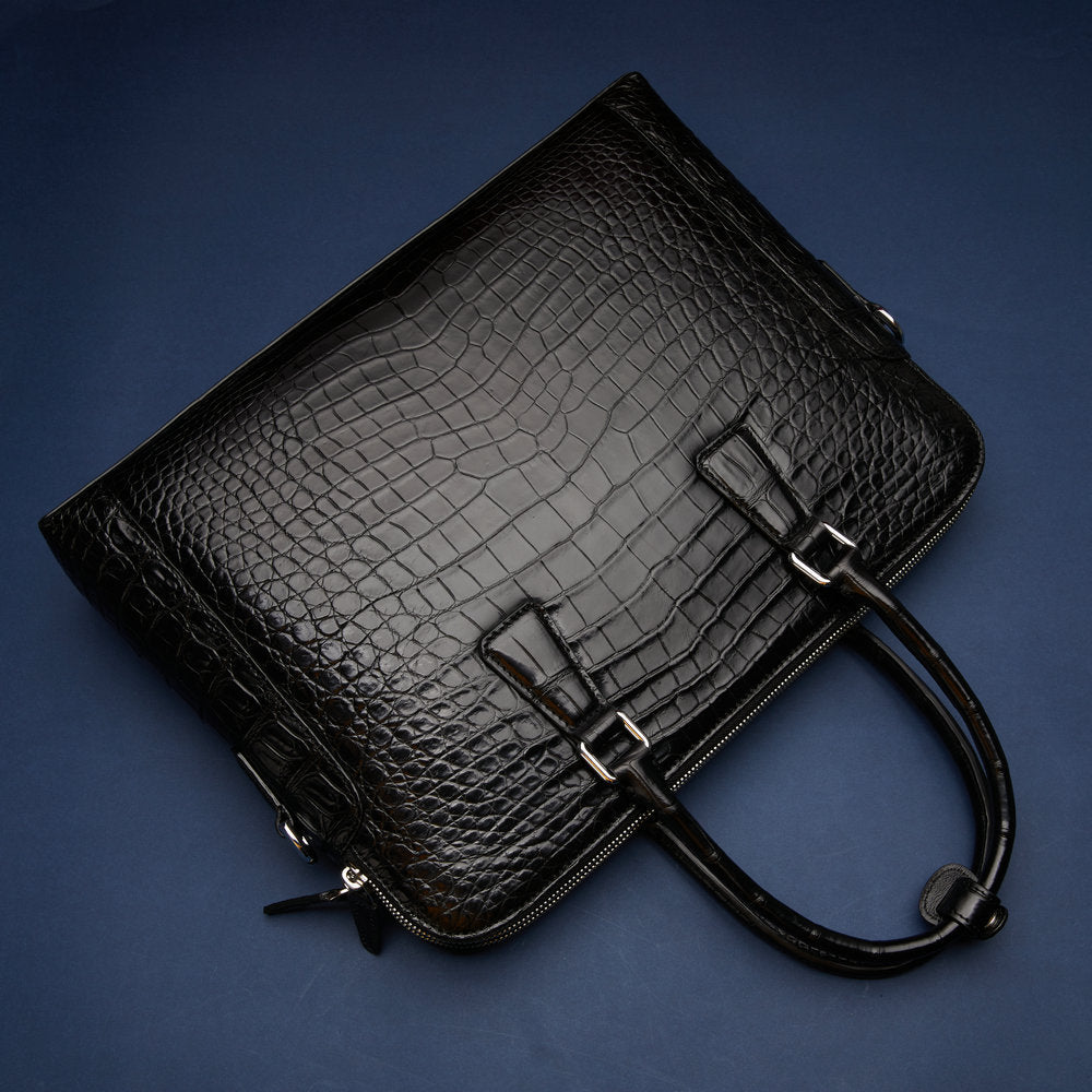 Siamese Crocodile Belly Skin Briefcase Genuine Leather Men's Bag Double Zipper Handbag File Bag Men's Business Bag Handbag