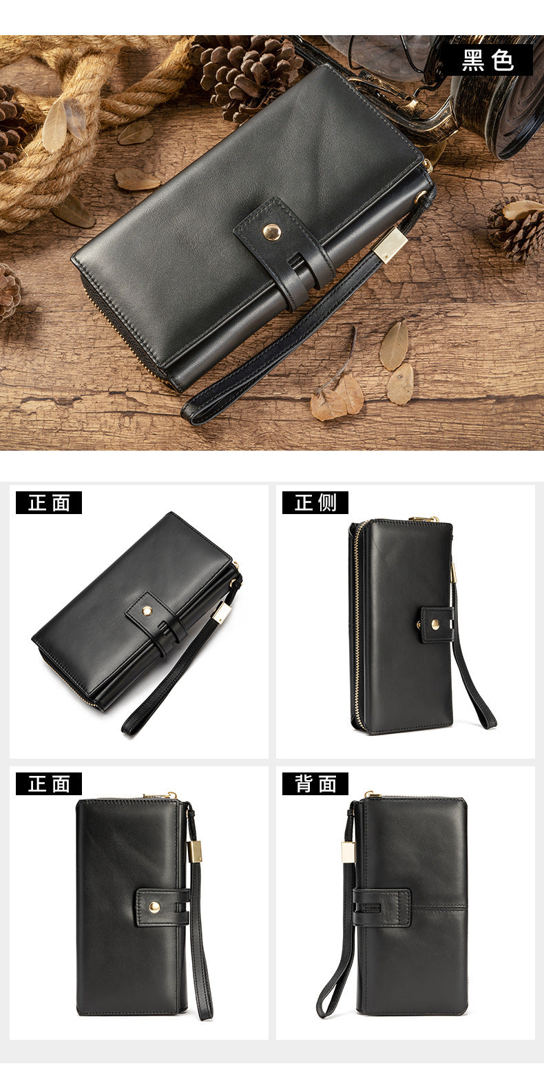 Men's long wallet, large capacity wallet, genuine cowhide leather, zipper clutch bag, handbag for men