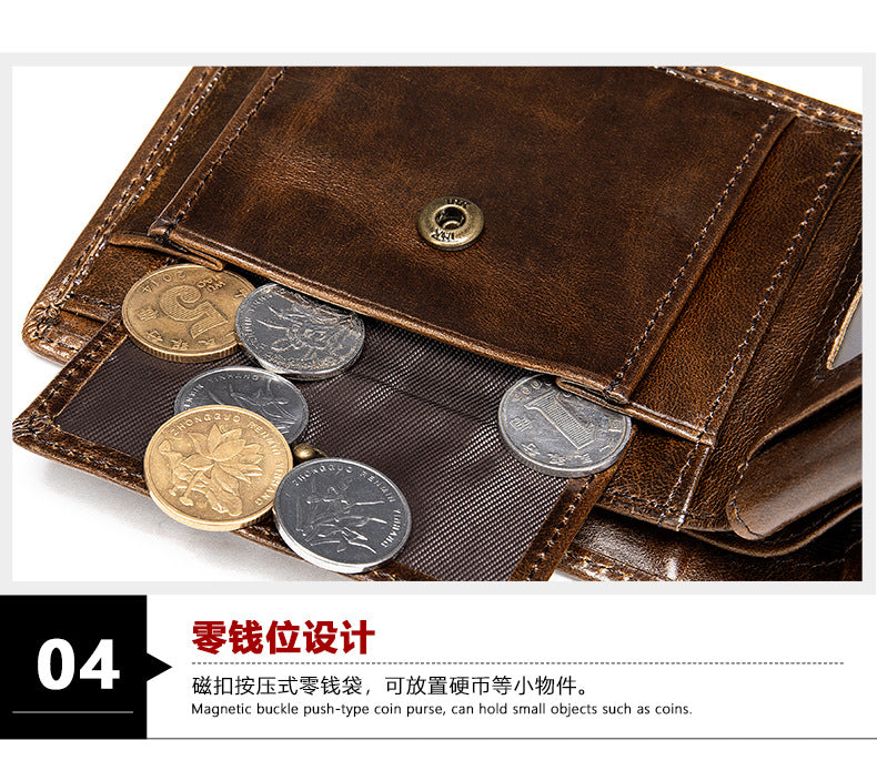 Men's short wallet cowhide retro anti-theft handmade men's wallet