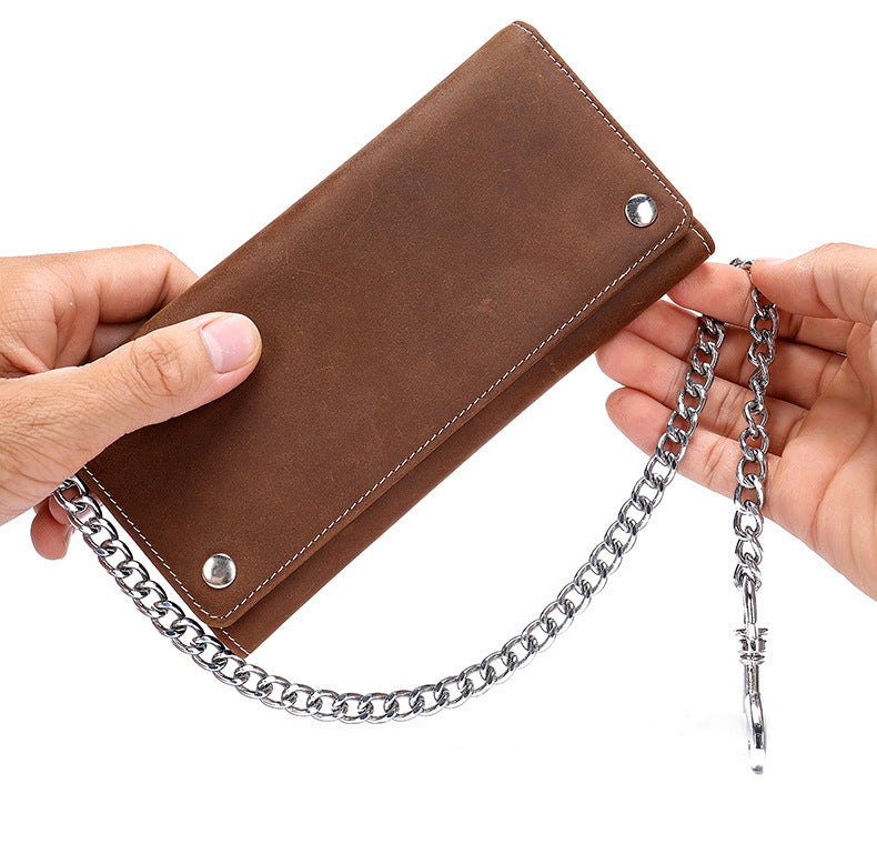 Men's Long Wallet, Cowhide, Genuine Leather, Retro Chain, Multi-Card Holder, Anti-Theft Wallet, Men's Wallet Wrist Bag
