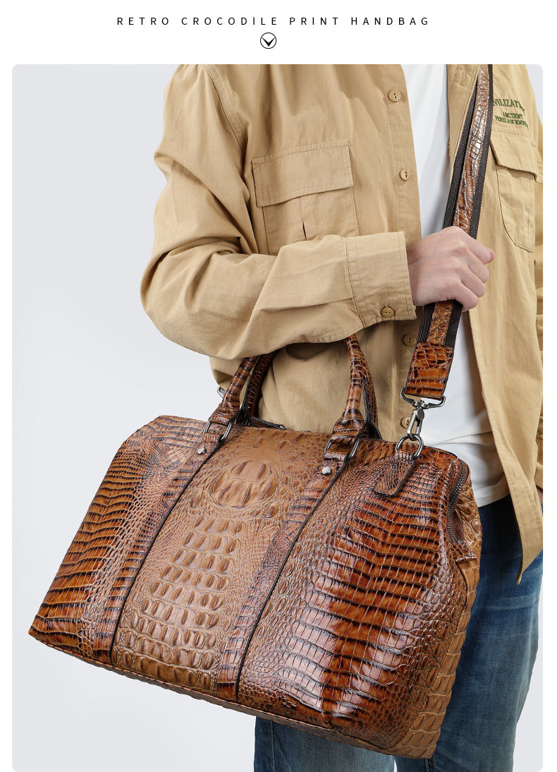 Men's Handbag Crocodile Crest Cow Leather Unisex Travel Bag Short Distance Business Luggage Bag