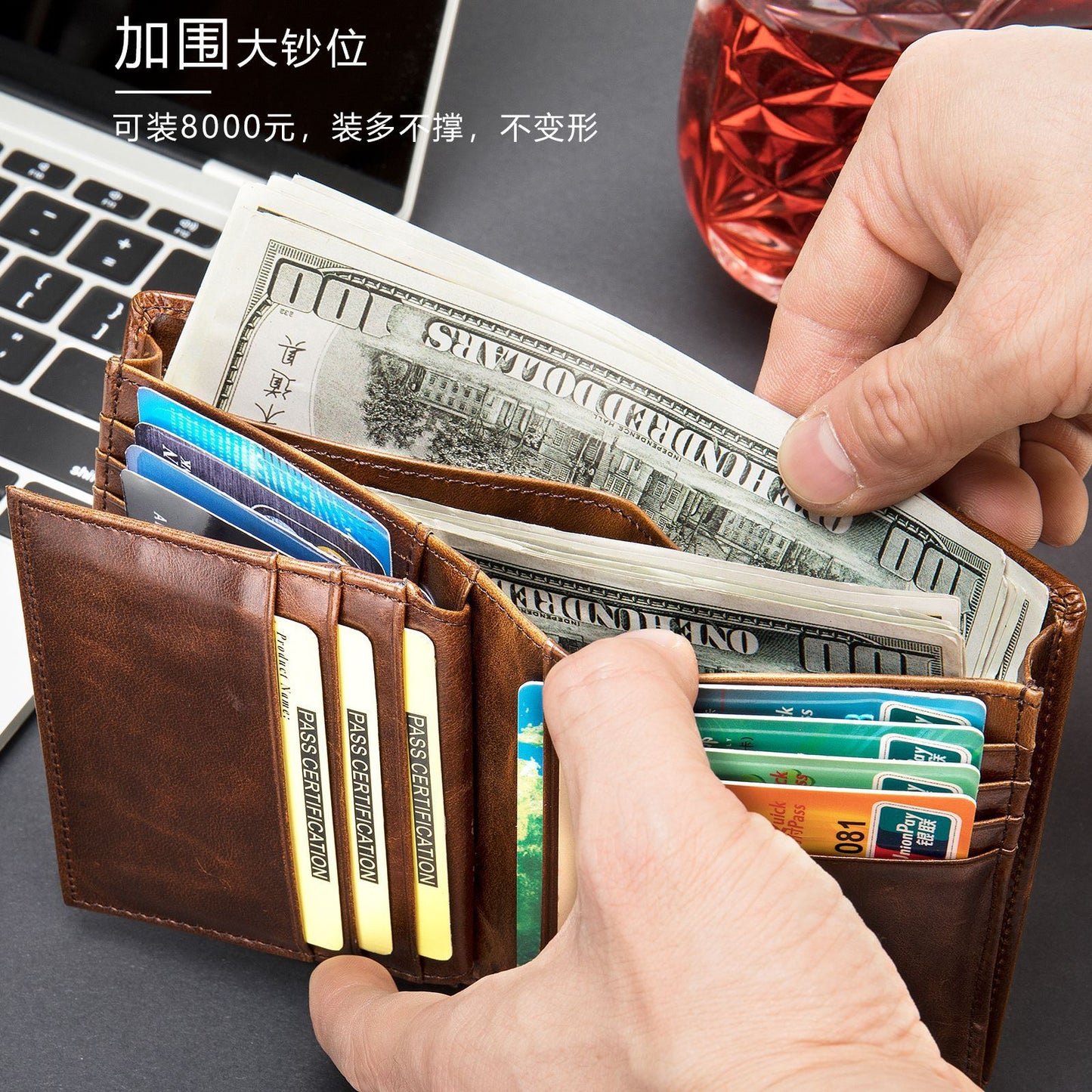 Men's Short Wallet Genuine Cowhide Leather RFID Anti-Theft Card Bag Retro Men's Wallet