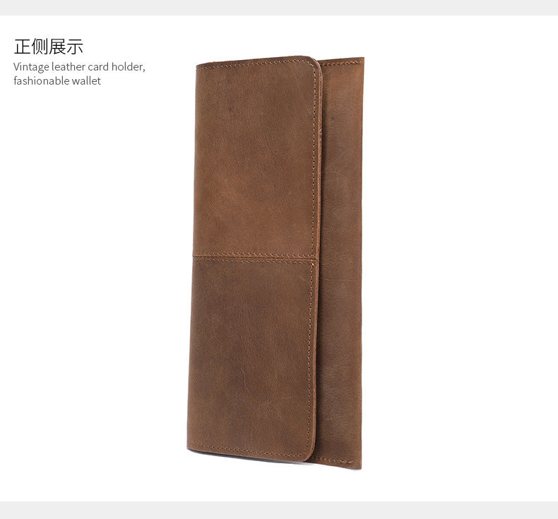 Men's long wallet, genuine cowhide leather, zipper, thin business card holder, wallet for men