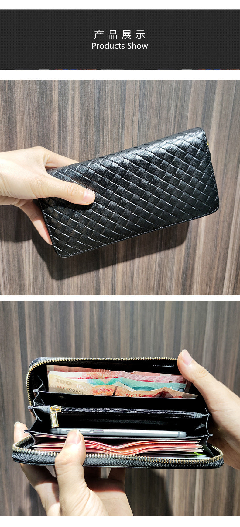 Men's long wallet made of cowhide genuine leather fashion plaid card holder zipper large capacity clutch bag men's wallet