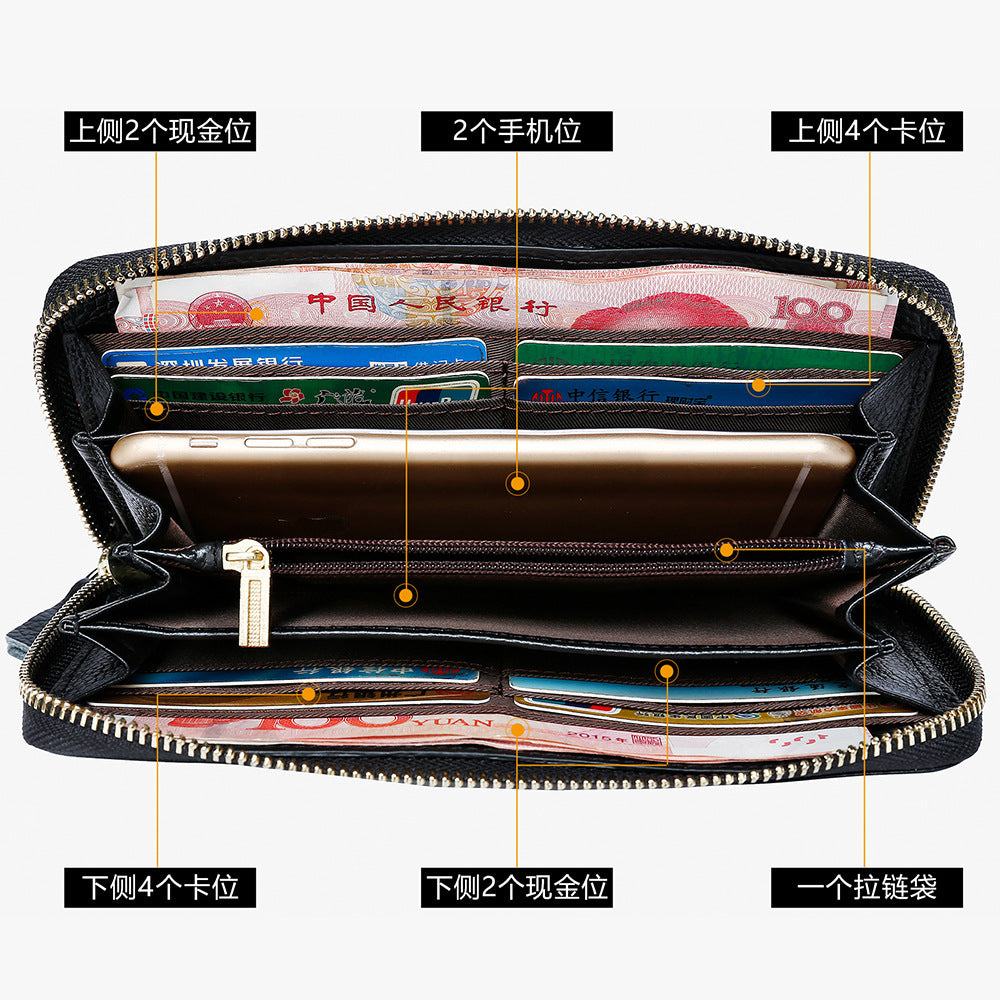 Men's long wallet made of cowhide genuine leather fashion plaid card holder zipper large capacity clutch bag men's wallet