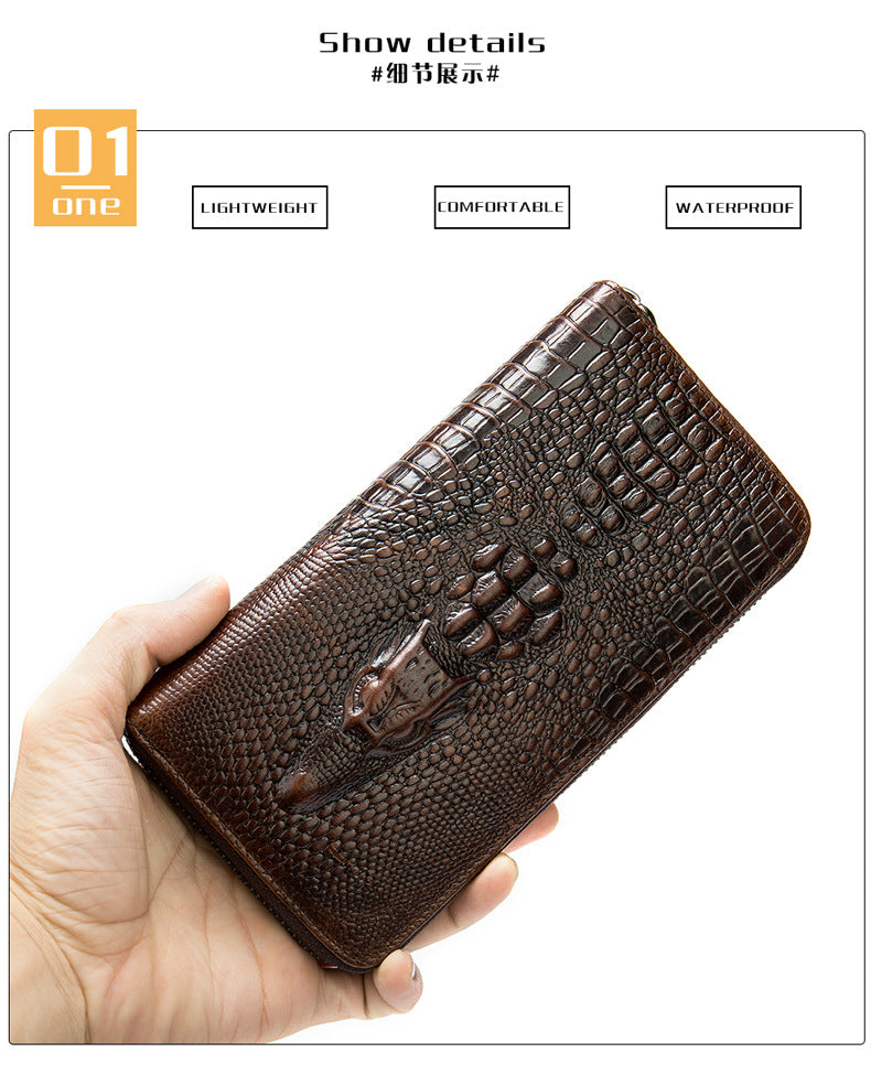 Men's Long Wallet Retro Crocodile Crest Cow Leather Card Holder Anti-Theft Brush RFID Men's Clutch Bag