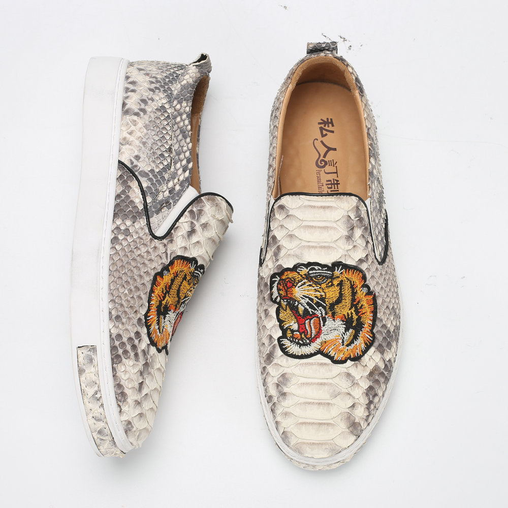 Python Skin Genuine Leather Men's Moccasins Embroidery Tiger Head Fashion Men Shoes Casual Shoes