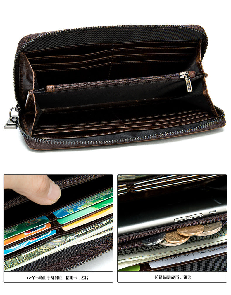 Men's Long Wallet Retro Crocodile Crest Cow Leather Card Holder Anti-Theft Brush RFID Men's Clutch Bag