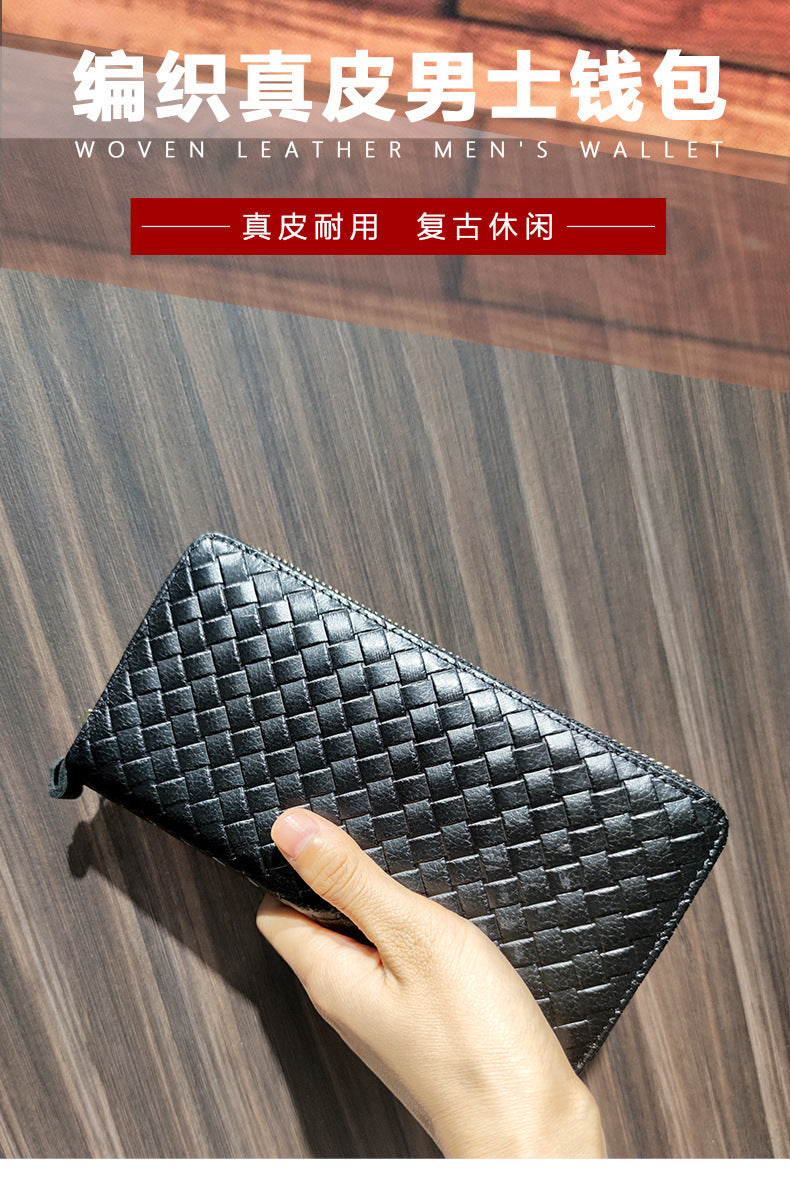 Men's long wallet made of cowhide genuine leather fashion plaid card holder zipper large capacity clutch bag men's wallet