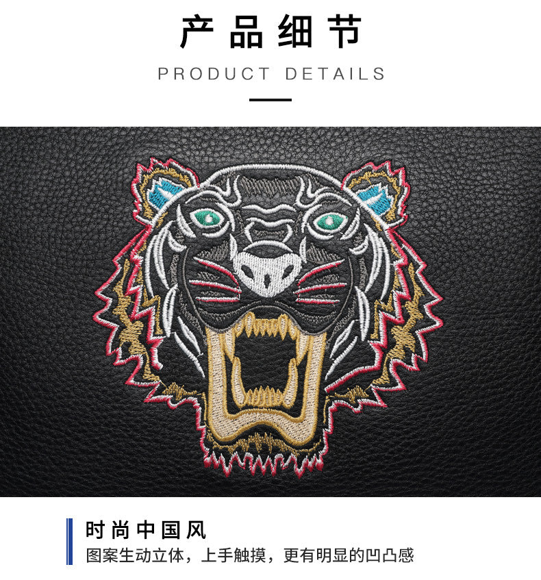 Men's Clutch Bag Genuine Cowhide Leather Casual Fashion Tiger Head Embroidery Men's Handbag