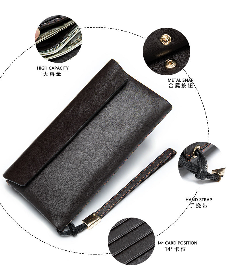 Men's Long Wallet Retro Genuine Cowhide Leather Large Capacity Card Holder RFID Anti-Theft Business Clutch Bag