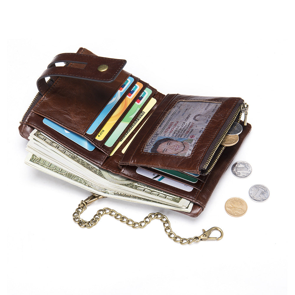 Men's short wallet made of genuine cowhide leather with multi-functional zipper and card bag wallet for men