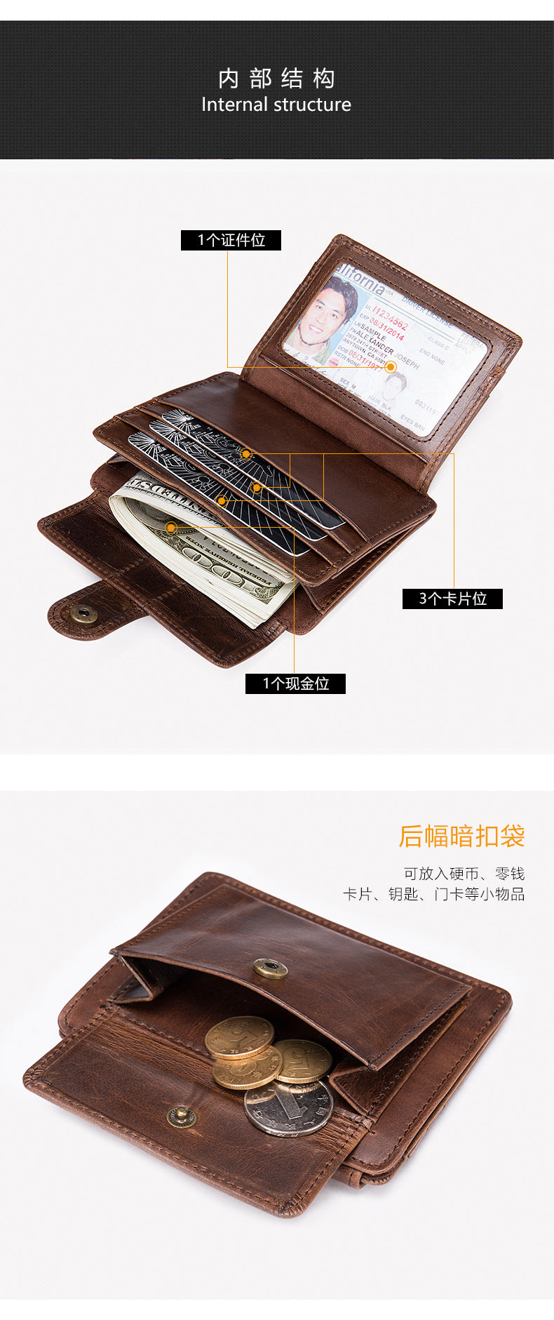 Men's Wallet Genuine Cow Leather Large Capacity Card Bag Retro Card Holder Men's Wallet