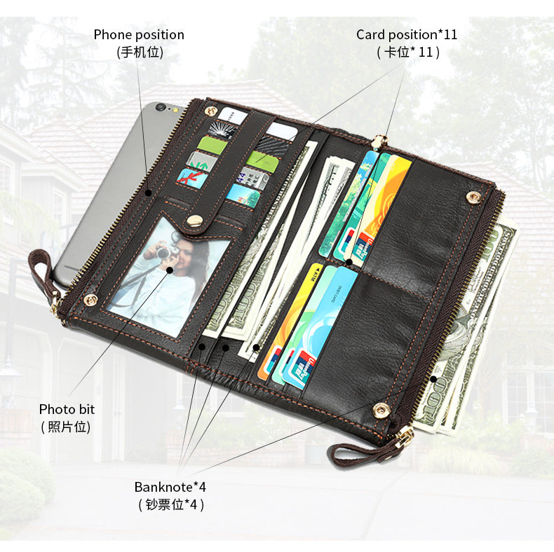 Men's long wallet made of genuine cowhide leather OL commuting large capacity zipper clutch bag