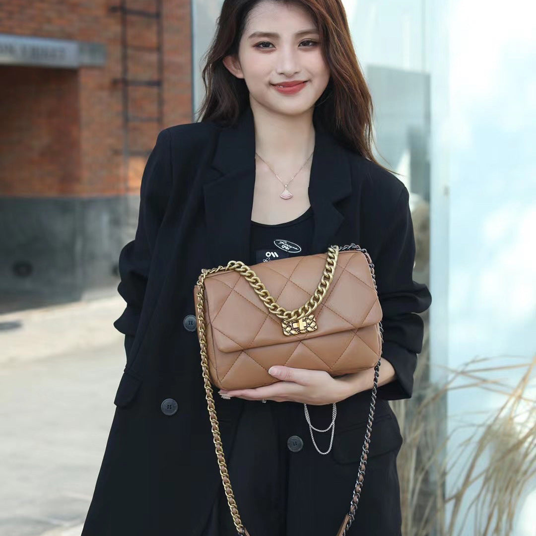 Ladies Genuine Leather Shoulder Bag Chain Bag Wandering Bag Check Crossbody Bag Fashion Trend