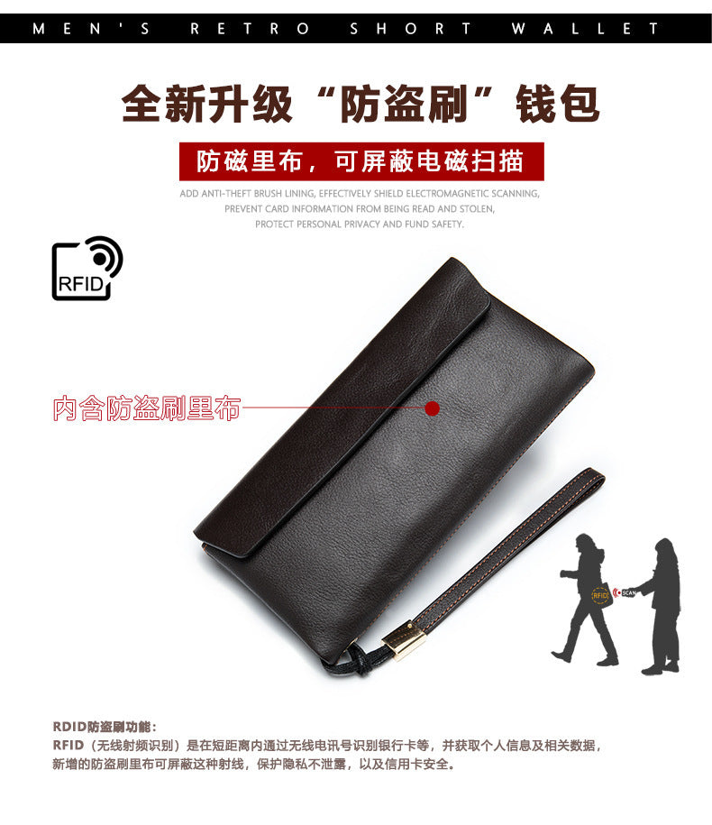 Men's Long Wallet Retro Genuine Cowhide Leather Large Capacity Card Holder RFID Anti-Theft Business Clutch Bag