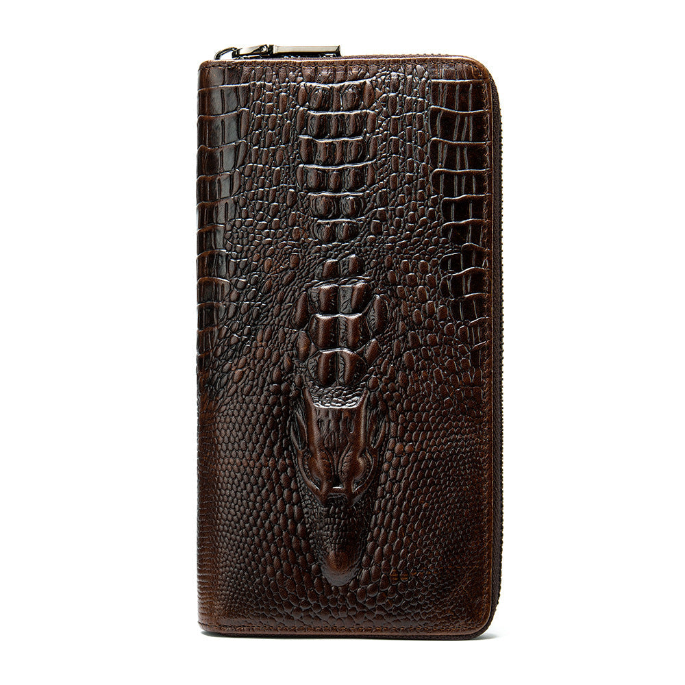 Men's Long Wallet Retro Crocodile Crest Cow Leather Card Holder Anti-Theft Brush RFID Men's Clutch Bag