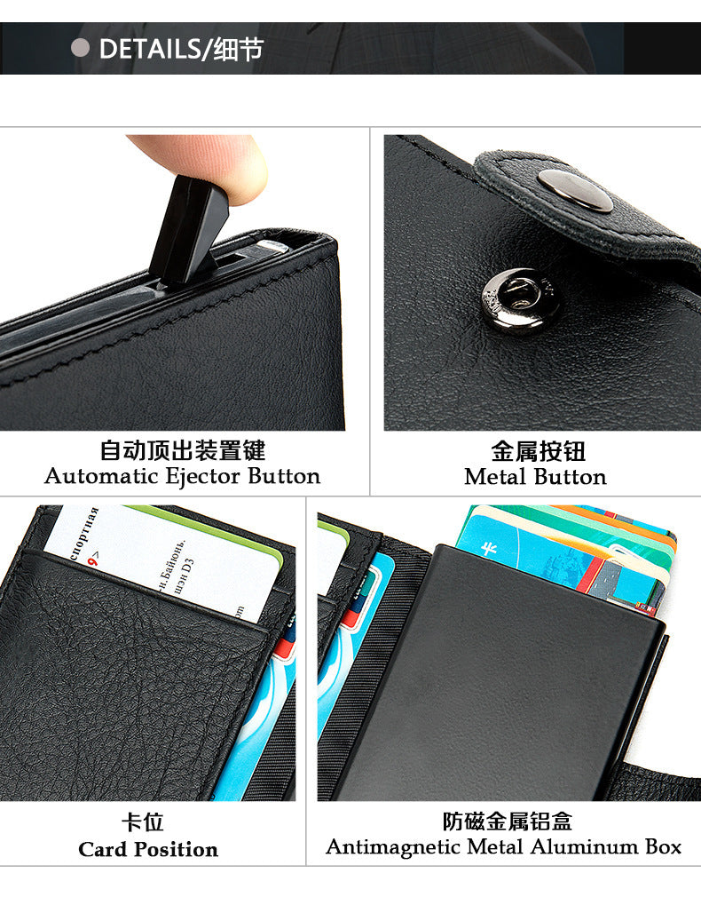 Men's wallet cowhide genuine leather aluminum alloy automatic pop-up RFID anti-theft brush personality business card holder card bag for men