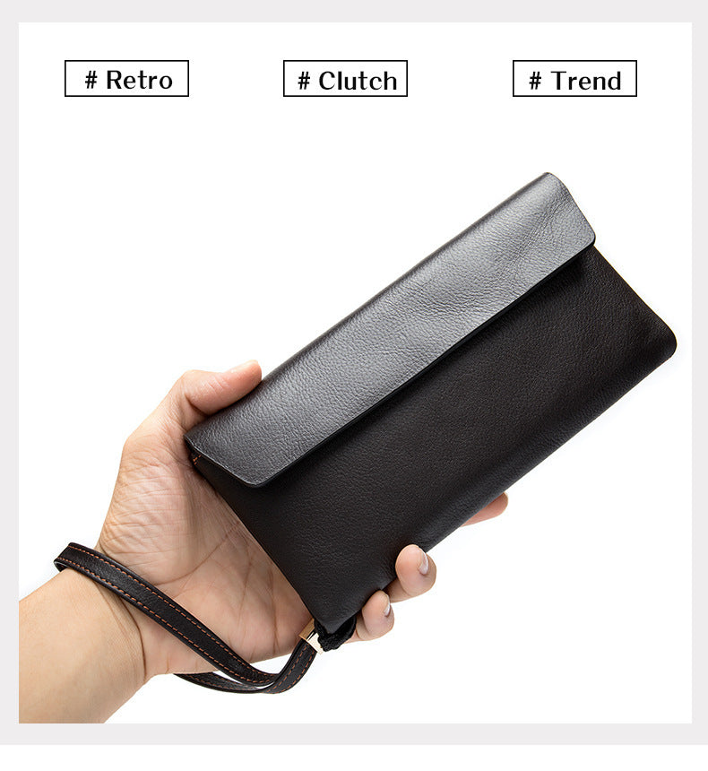 Men's Long Wallet Retro Genuine Cowhide Leather Large Capacity Card Holder RFID Anti-Theft Business Clutch Bag
