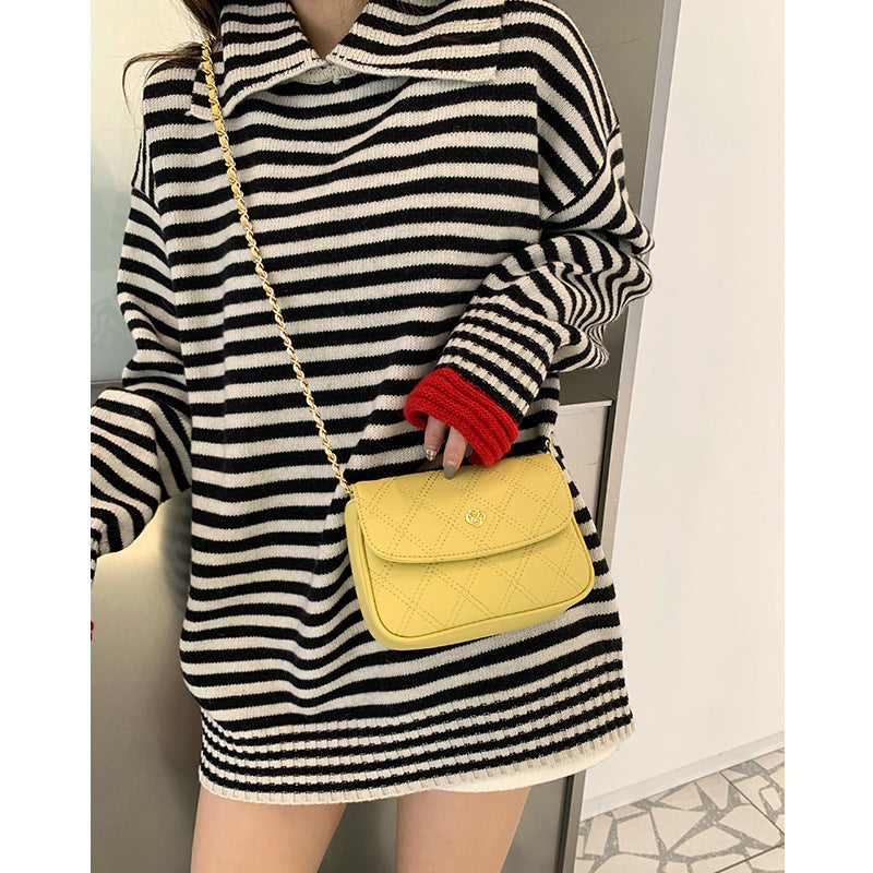 Ladies simple genuine leather shoulder bag check chain bag mini pouch goes with anything