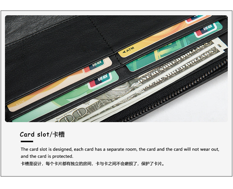 Men's long wallet genuine cowhide leather clutch bag business multifunctional zipper men's wallet