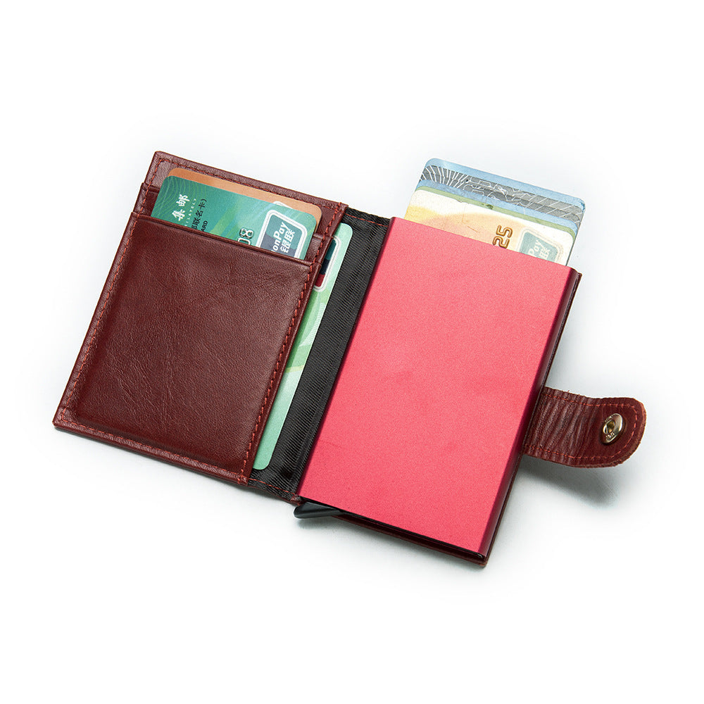 Men's wallet cowhide genuine leather aluminum alloy automatic pop-up RFID anti-theft brush personality business card holder card bag for men