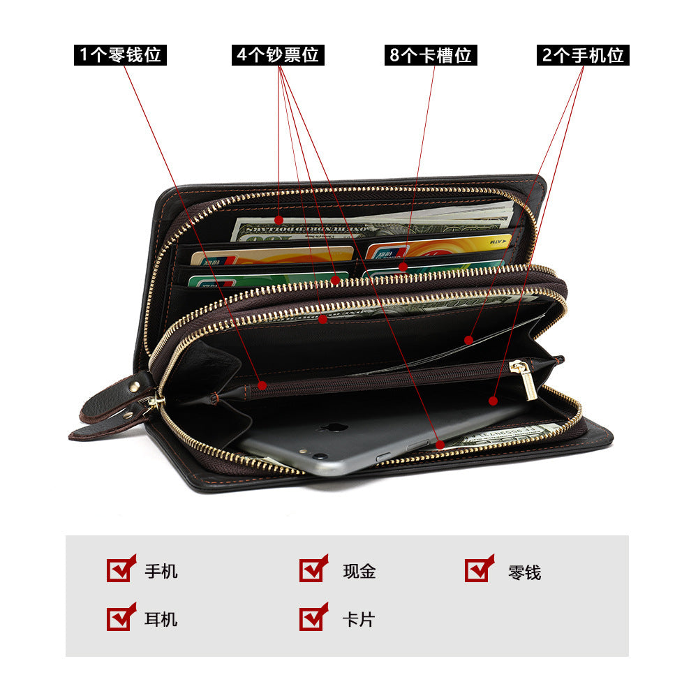 Men's Clutch Bag Genuine Cowhide Leather Wallet Card Holder Business Large Capacity Long Wallet Men's Handbag