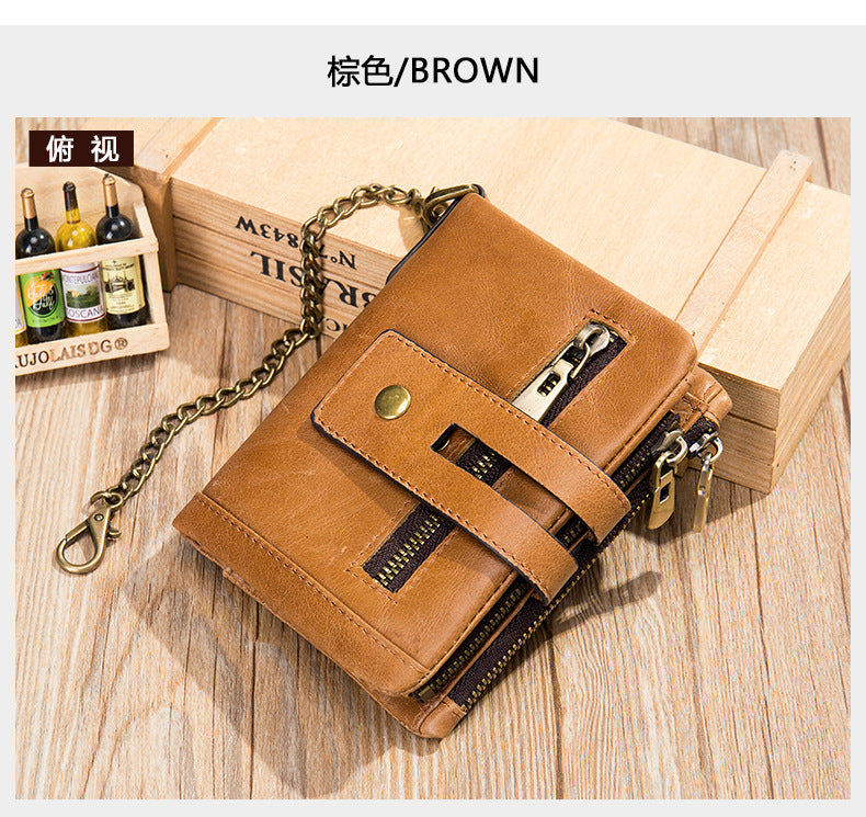 Men's short wallet made of genuine cowhide leather with multi-functional zipper and card bag wallet for men