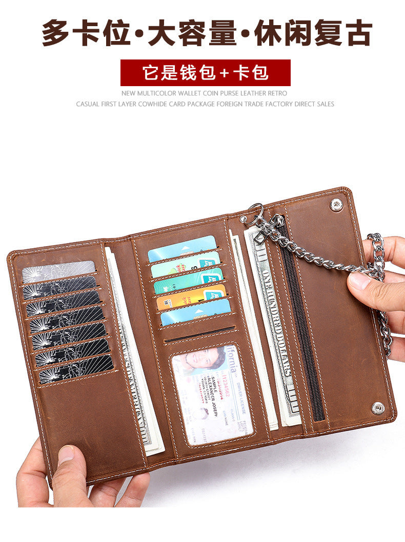Men's Long Wallet, Cowhide, Genuine Leather, Retro Chain, Multi-Card Holder, Anti-Theft Wallet, Men's Wallet Wrist Bag