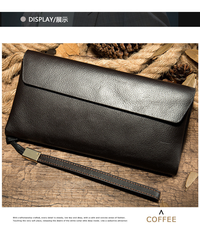 Men's Long Wallet Retro Genuine Cowhide Leather Large Capacity Card Holder RFID Anti-Theft Business Clutch Bag