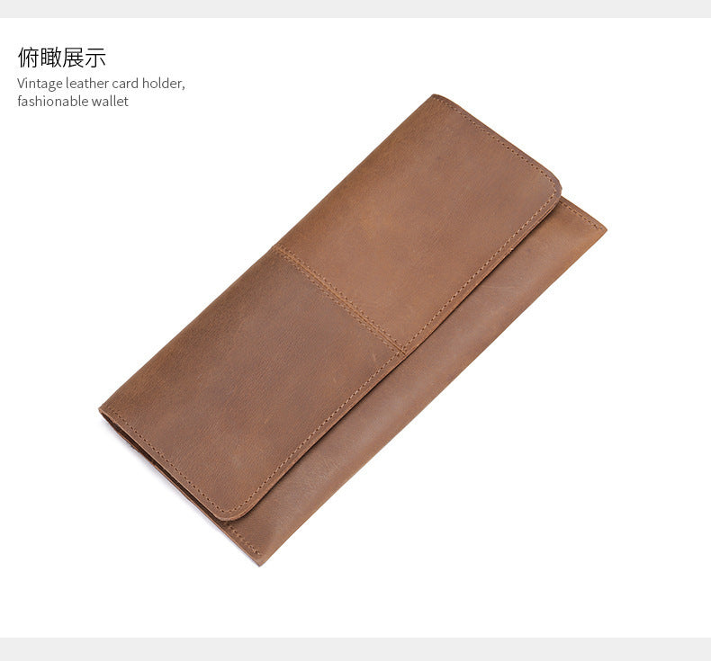 Men's long wallet, genuine cowhide leather, zipper, thin business card holder, wallet for men