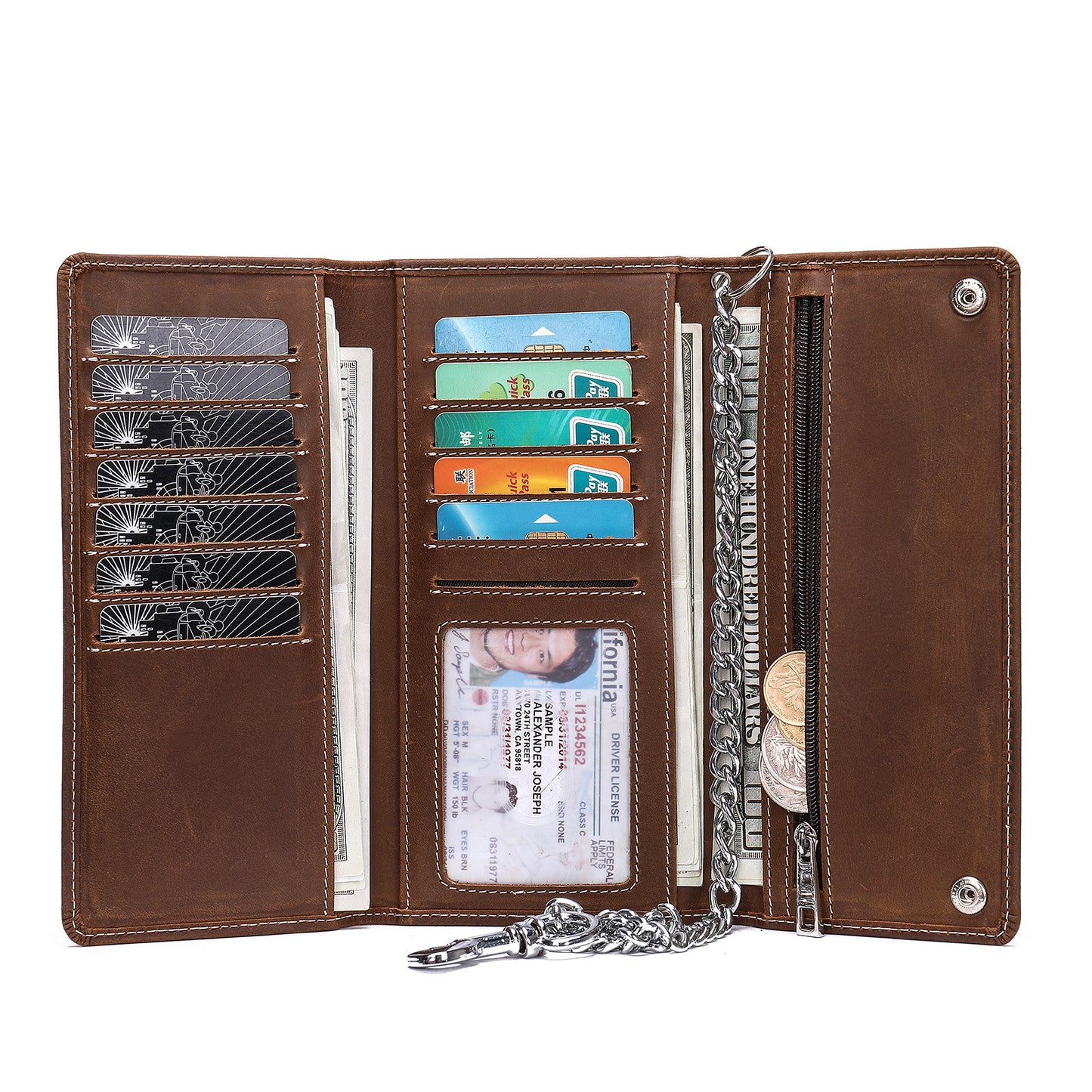 Men's Long Wallet, Cowhide, Genuine Leather, Retro Chain, Multi-Card Holder, Anti-Theft Wallet, Men's Wallet Wrist Bag
