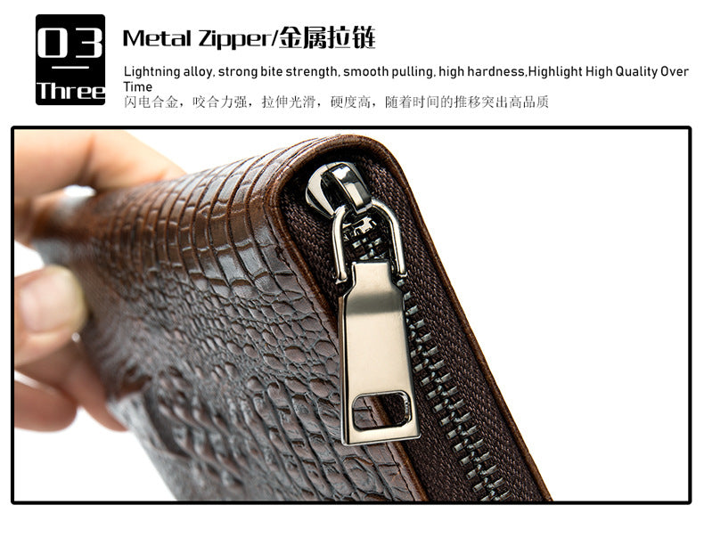 Men's Long Wallet Retro Crocodile Crest Cow Leather Card Holder Anti-Theft Brush RFID Men's Clutch Bag