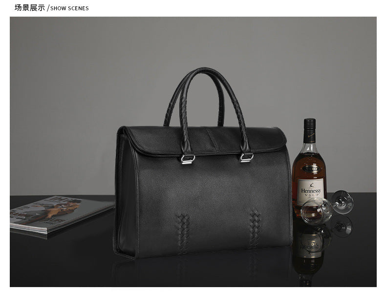Men's Handbag Genuine Leather Cowhide Fashion Business Large Capacity Business Briefcase Computer Bag Hand-knitted Men's Handbag
