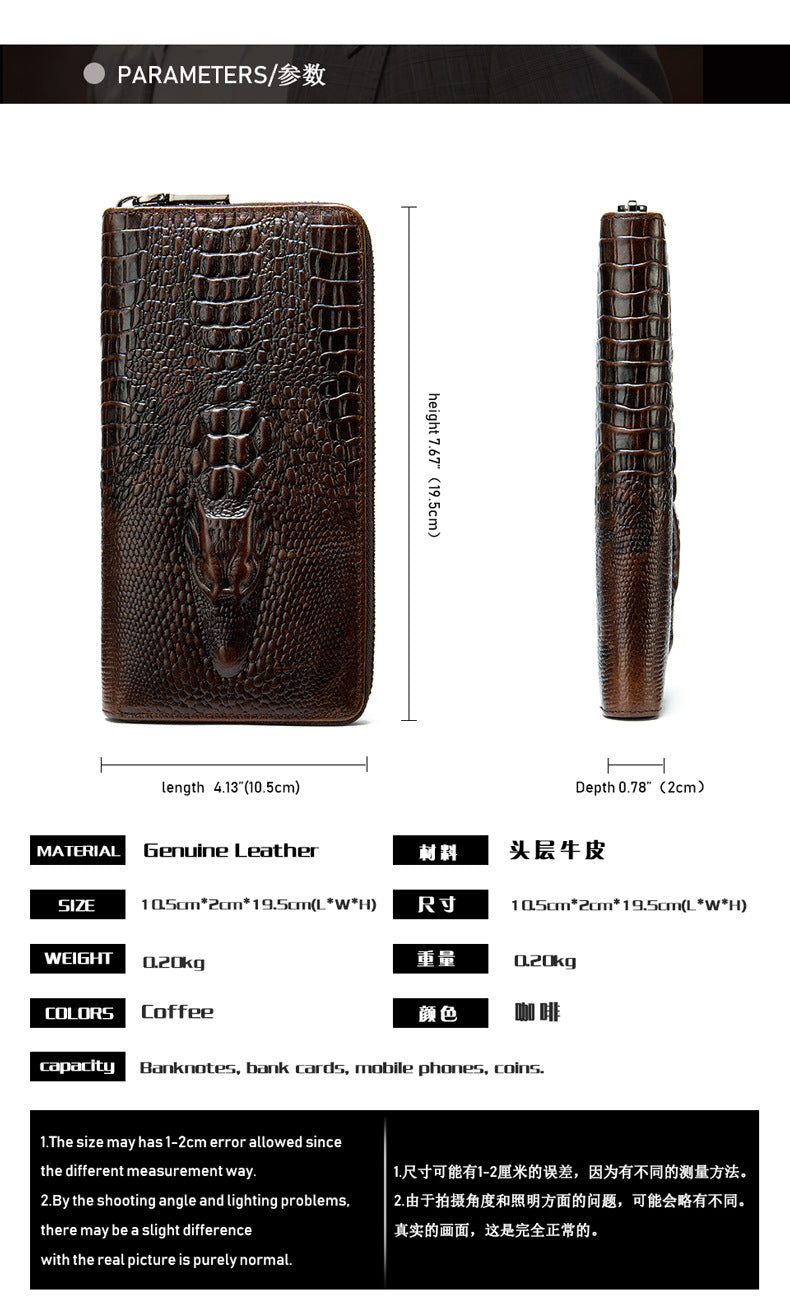 Men's Long Wallet Retro Crocodile Crest Cow Leather Card Holder Anti-Theft Brush RFID Men's Clutch Bag