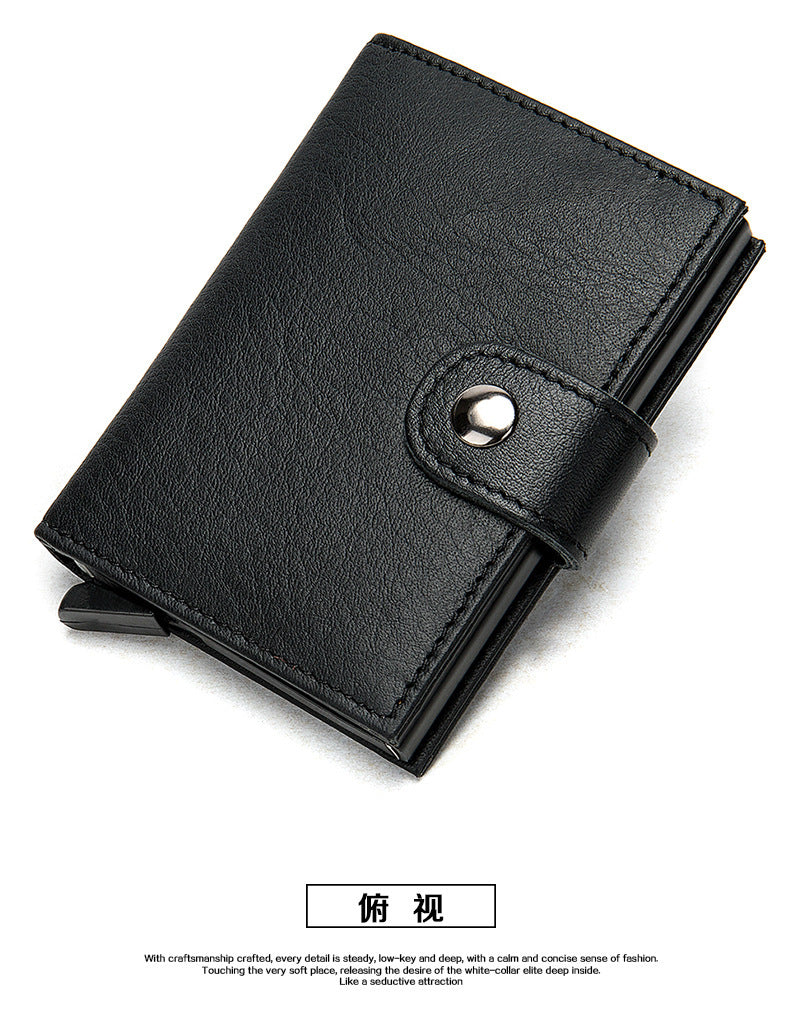 Men's wallet cowhide genuine leather aluminum alloy automatic pop-up RFID anti-theft brush personality business card holder card bag for men