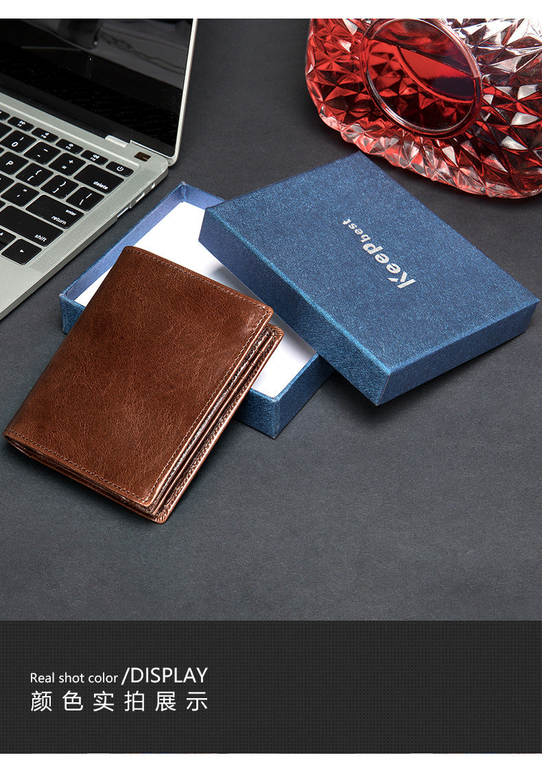 Men's Short Wallet Genuine Cowhide Leather RFID Anti-Theft Card Bag Retro Men's Wallet