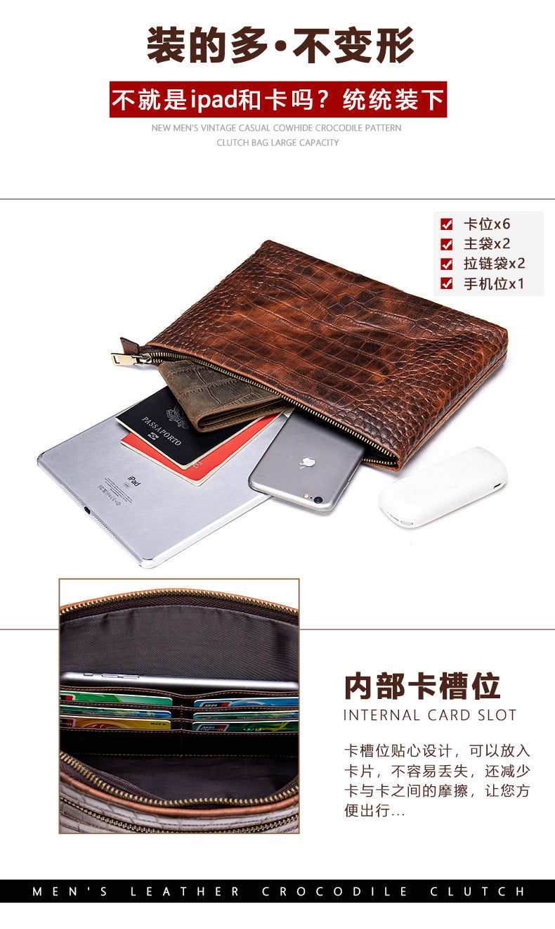 Men's Clutch Bag Business Crocodile Crest Cow Leather Handbag for Men