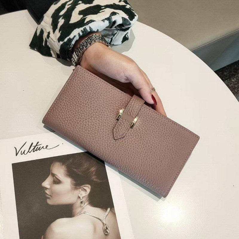 Simple Ladies Cowhide Handbag Lychee Pattern Fashion Long Bifold Wallet Genuine Leather Wallet