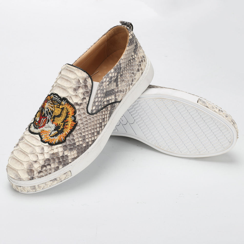 Python Skin Genuine Leather Men's Moccasins Embroidery Tiger Head Fashion Men Shoes Casual Shoes