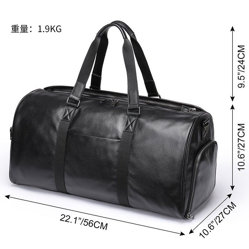 Men's Fitness Bag Genuine Cowhide Leather Dry/Wet Separate Short-distance Luggage Bag Men's Travel Bag Shoulder Bag