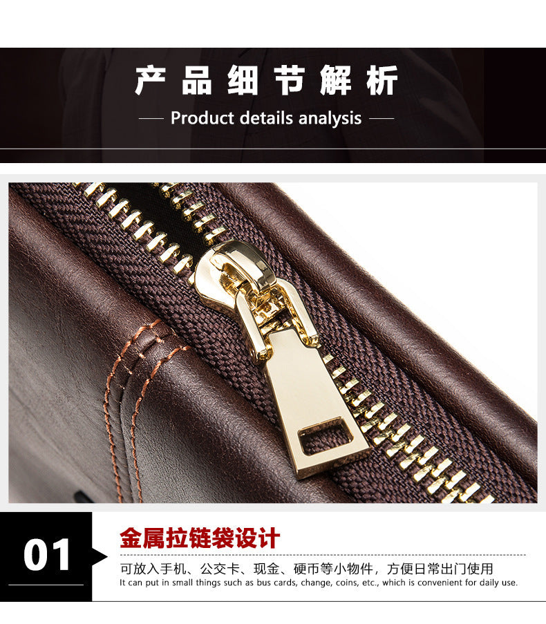 Men's long wallet, large capacity wallet, genuine cowhide leather, zipper clutch bag, handbag for men