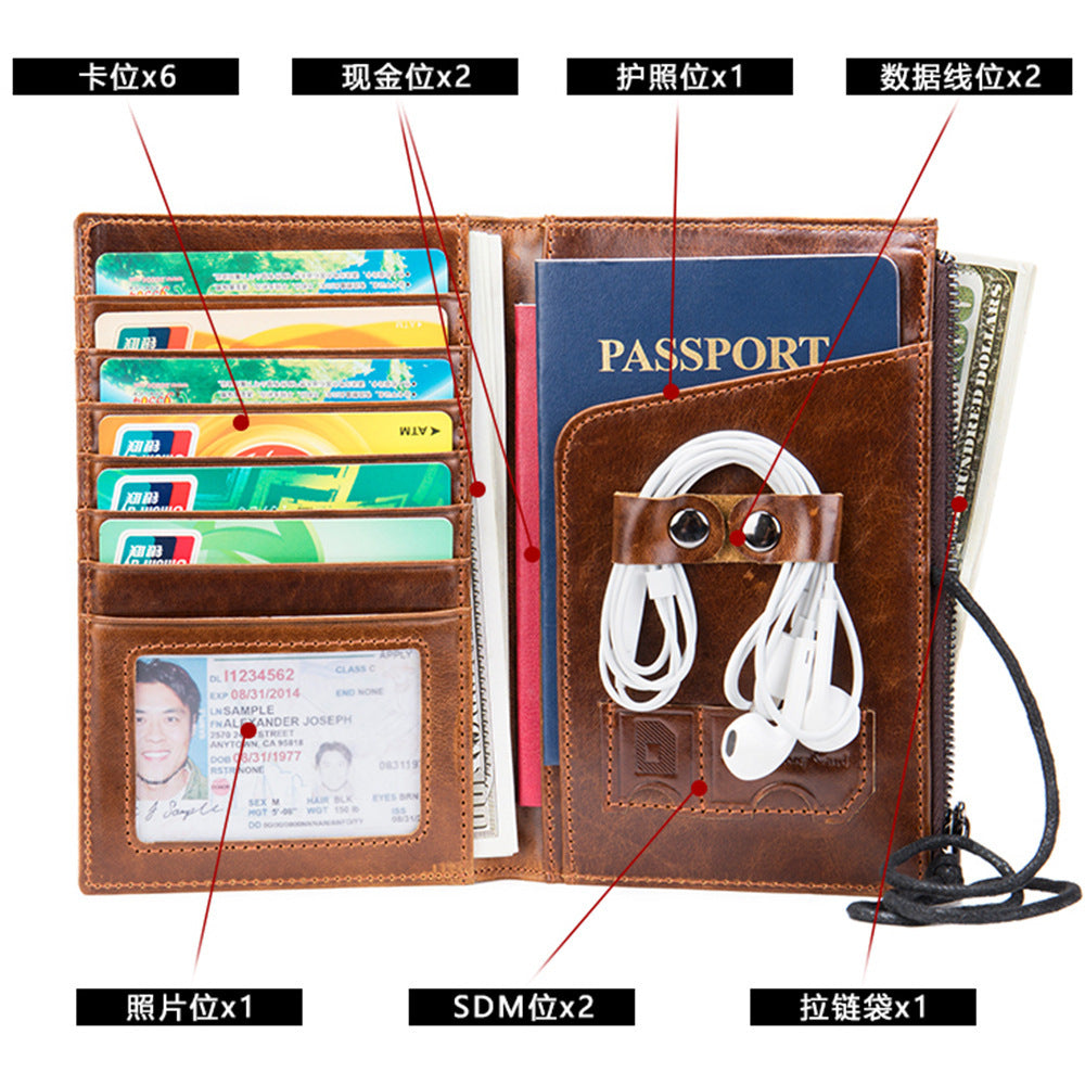Men's Wallet Made of Genuine Cow Leather Retro Unique Fashion Card Holder Earphone Code Card Pocket