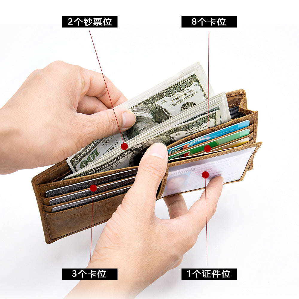 Men's short wallet cowhide genuine leather retro casual anti-theft wallet