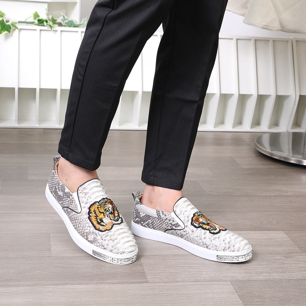 Python Skin Genuine Leather Men's Moccasins Embroidery Tiger Head Fashion Men Shoes Casual Shoes
